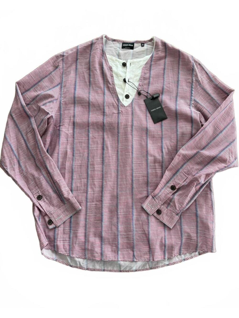 Giorgio Armani Cotton Silk Linen Striped Long Sleeve Shirt 39/15.5